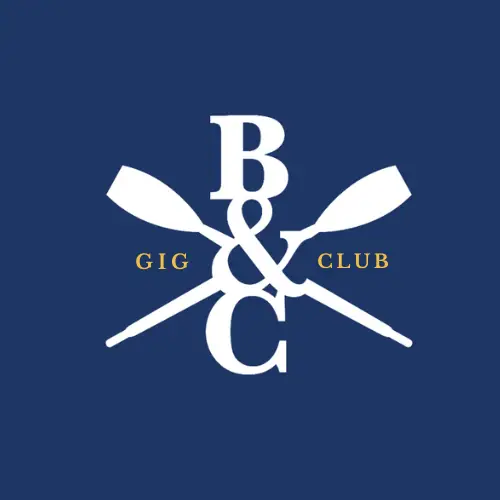 Gig rowing club logo. White text B & C with white oars crossed on navy background